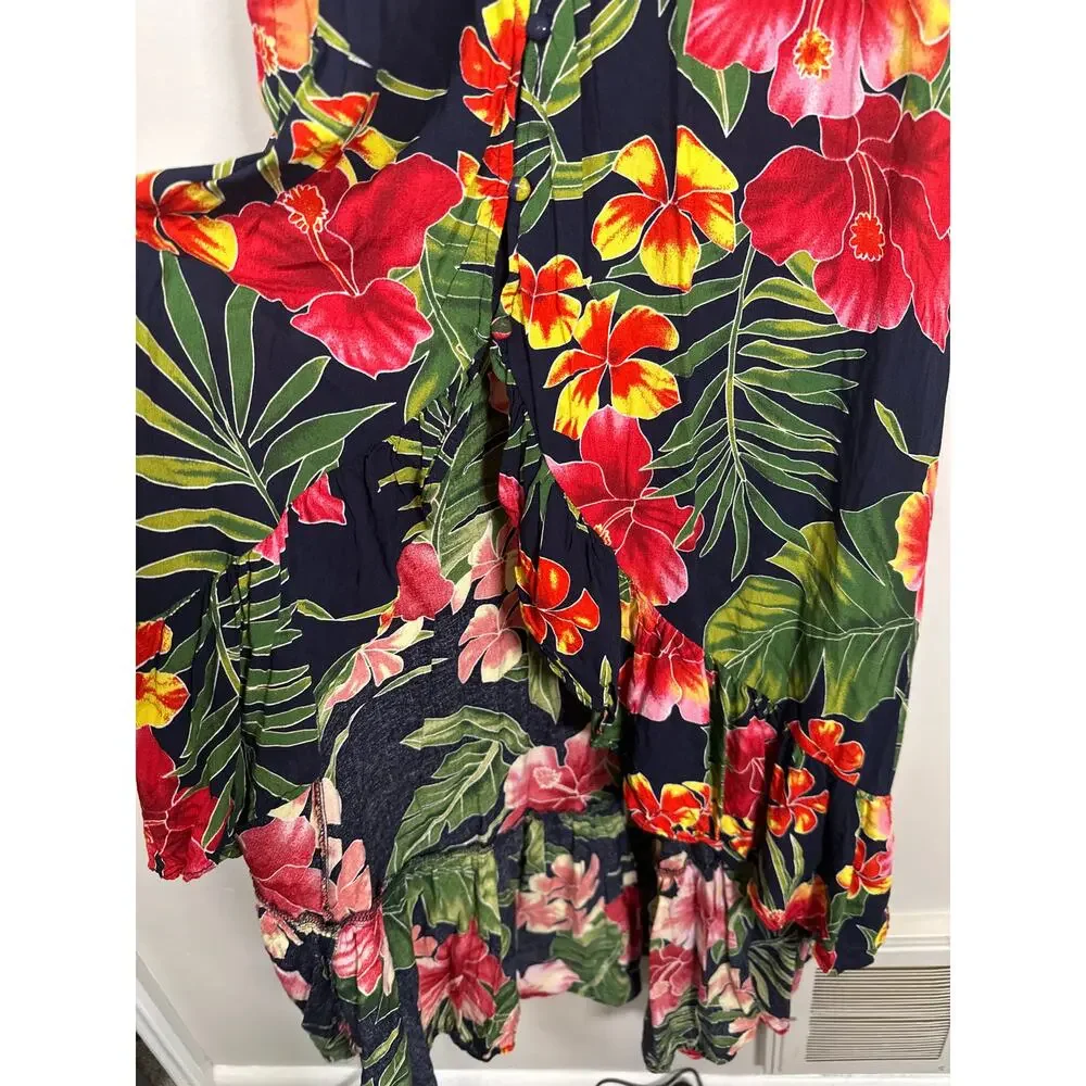 Lulus PURA VIDA NAVY BLUE TROPICAL PRINT BUTTON-UP HIGH-LOW MIDI DRESS Small - Picture 4 of 10